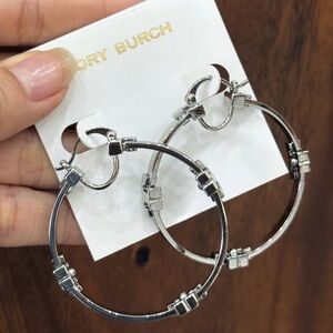 NWT Tory Burch Silver Tone Logo Hoop Earrings